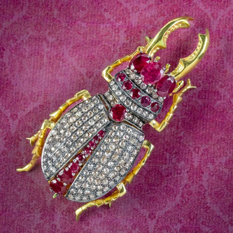 Small flower brooch-Edwardian Style Ruby Diamond Stag Beetle Brooch 2.5ct Of Ruby