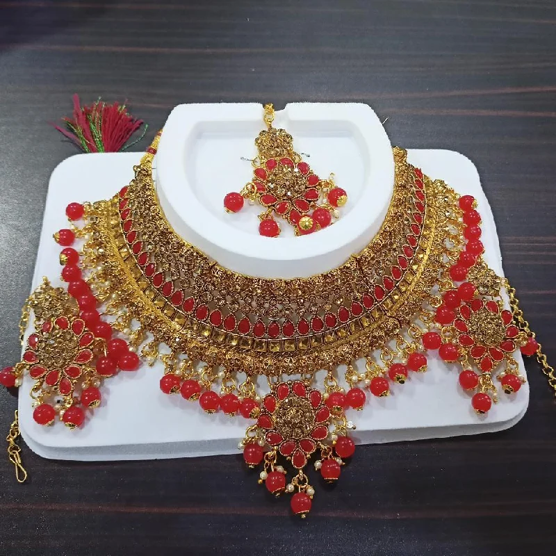 Petal design necklaces-Kumavat Jewels Gold Plated Kundan And Beads Traditional Choker  Necklace Set with Maang Tikka -KJNECK05