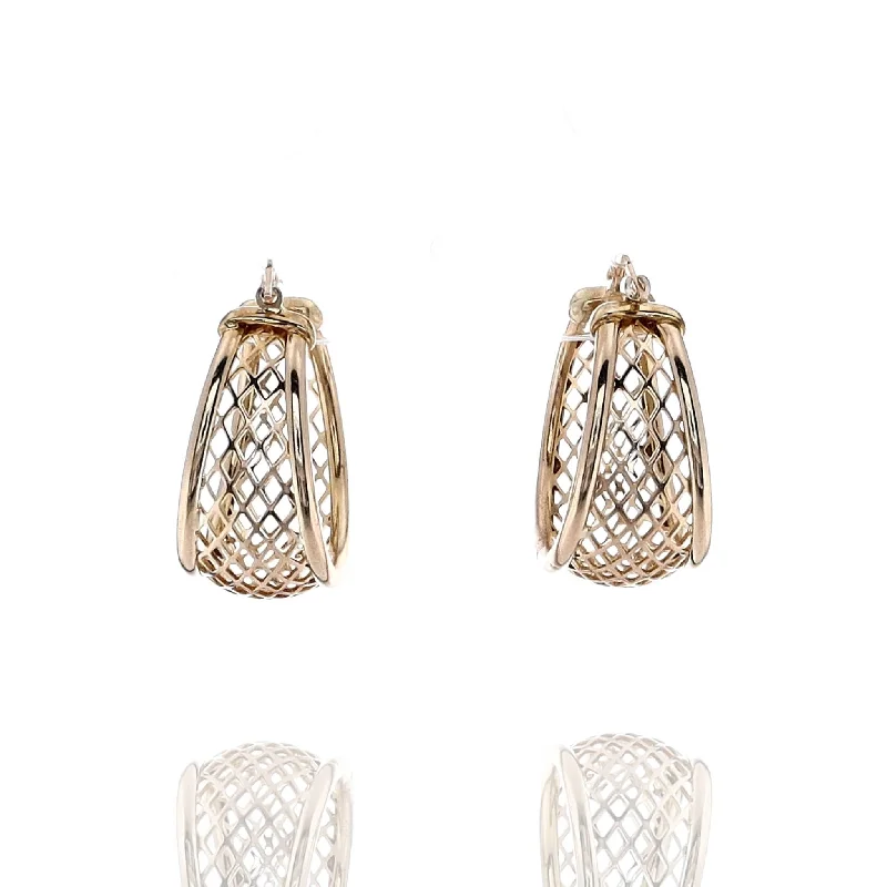 Bright stud earrings-Estate 14k Yellow Gold Tapered Lattice Center Hoop Earrings