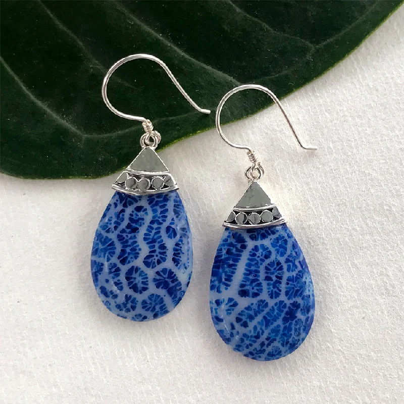 Retro flair earrings-Blue Coral Teardrop Earrings - Sterling Silver, Indonesia