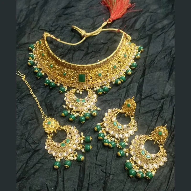 Raven feather necklaces-Kumavat Jewels Gold Plated Kundan And Beads Traditional Choker Necklace Set with Maang Tikka