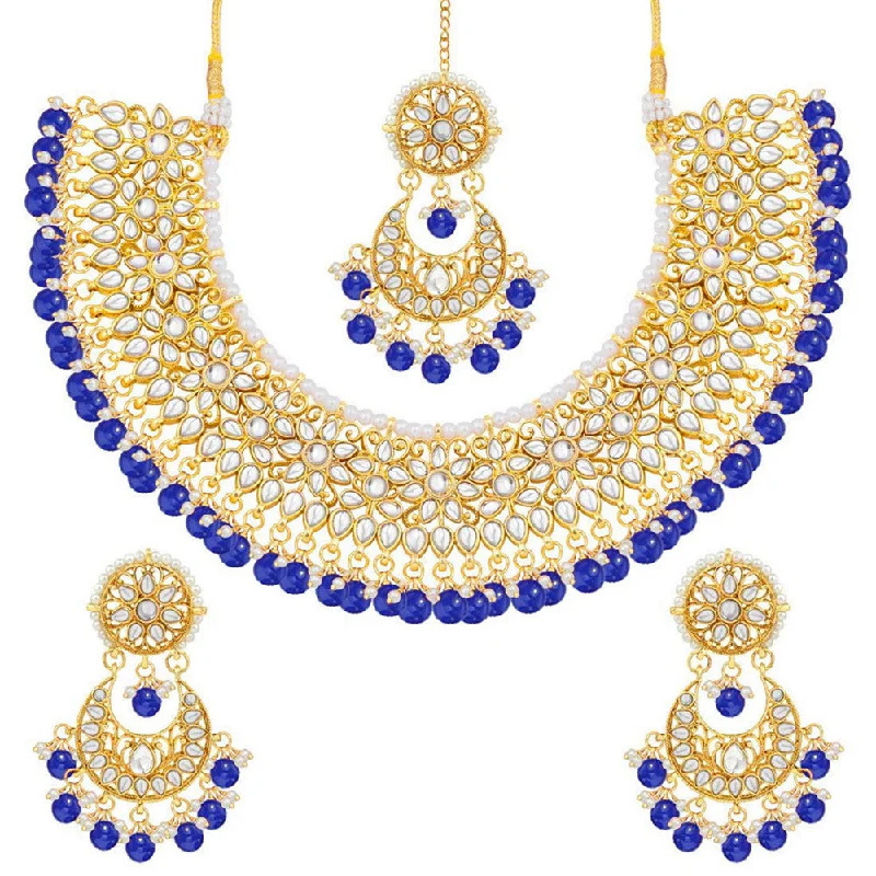 Glossy pearl necklaces-Etnico 18K Gold Plated Traditional Handcrafted Faux Kundan & Pearl Studded Bridal Choker Necklace Jewellery Set with Earrings & Maang Tikka (K7076Bl)