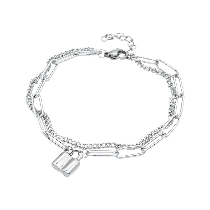 Spring clasp bangles-Tarnish Resistant Rhodium Plated Padlock Mixed Chain Bracelet