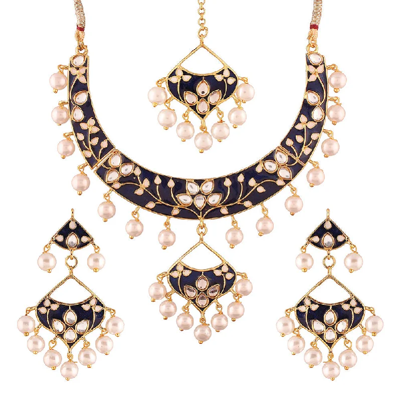 Dainty charm necklaces-Etnico Gold Plated Kundan Meenakari Necklace Jewellery Set For Women (M4084Bl)