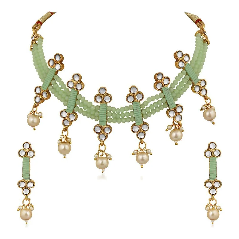 Agate stone necklaces-Mahi Traditional Floral Kundan & Green Beads Layered Choker Necklace Jewellery Set for Women (VNCJ100261GRN)