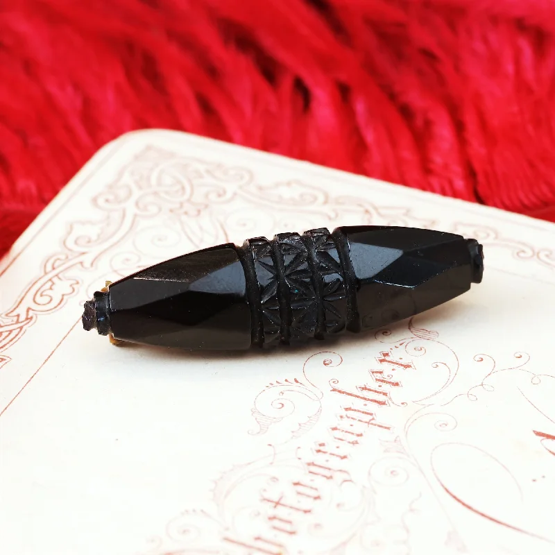 Quartz gem brooch-Hand Carved Victorian Whitby Jet Bar Brooch