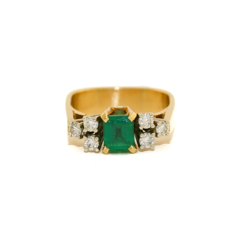 Quartz inlay rings-Vintage 18K Two Tone Gold Emerald + Diamond Ring