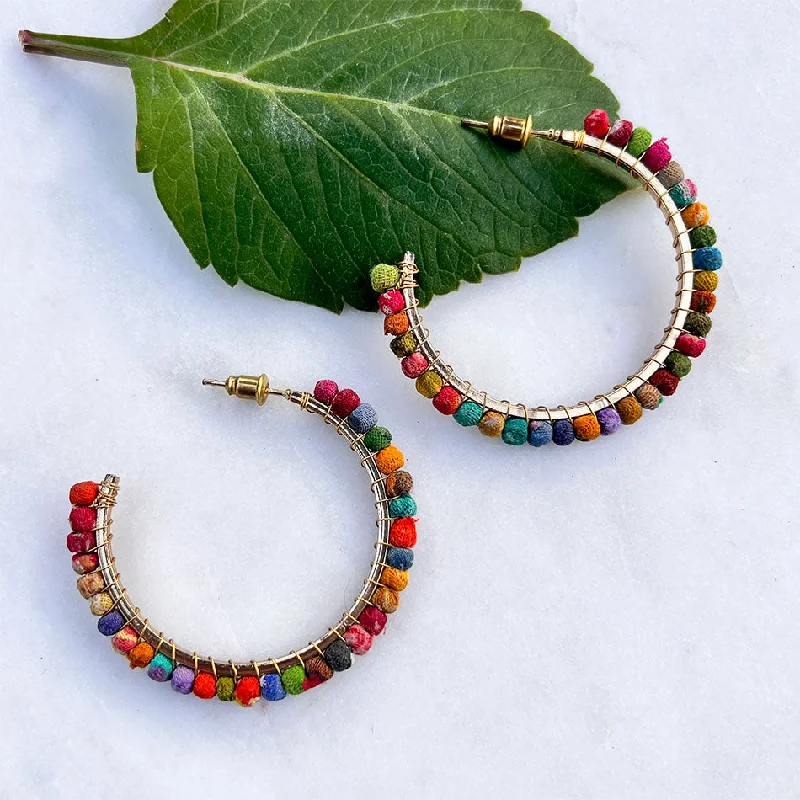 Warm clay earrings-Recycled Sari Hoops - Large, India