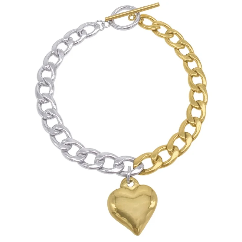 Matte cuff bangles-Tarnish Resistant Mixed Metal Heart Chain Toggle Bracelet