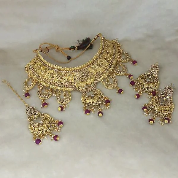 Elegant design necklaces-Kriaa Gold Plated Brown Austrian Stone Choker Necklace Set With Maang Tikka - 1113504B