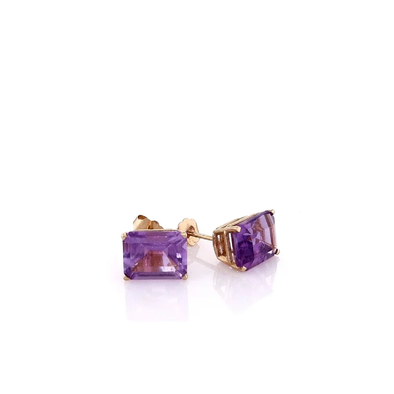 Silk thread earrings-Estate 14k Yellow Gold Emerald-Cut Amethyst 4 Prong Earrings