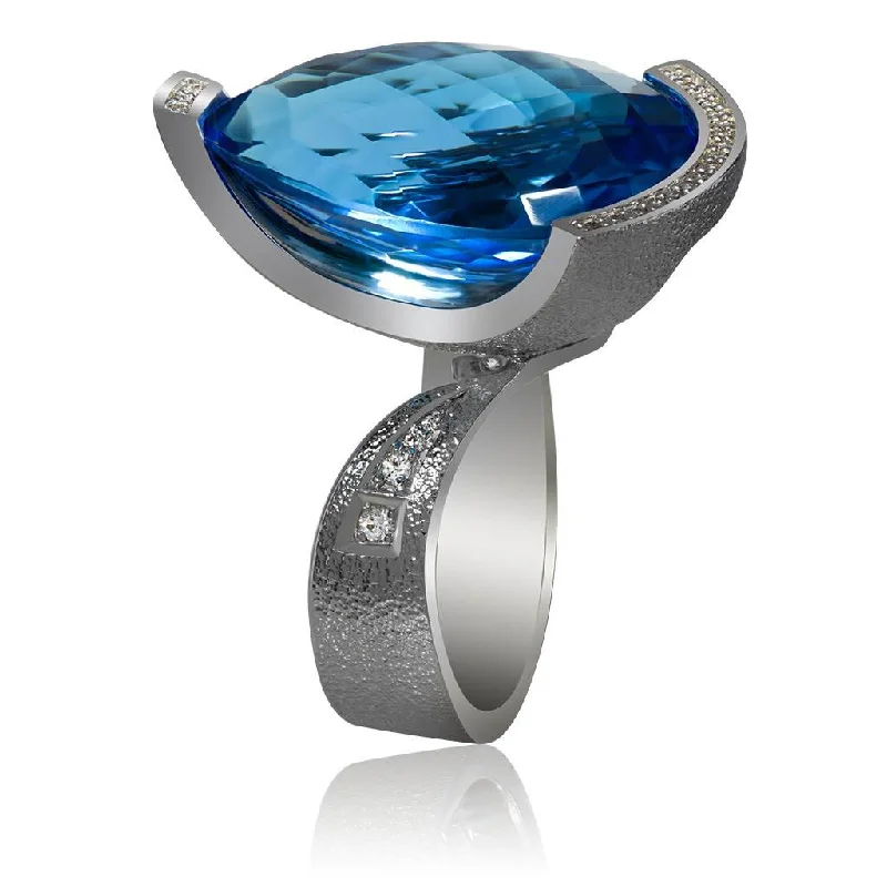 Round gem rings-Gold Swan Ring with Blue Topaz & Diamonds