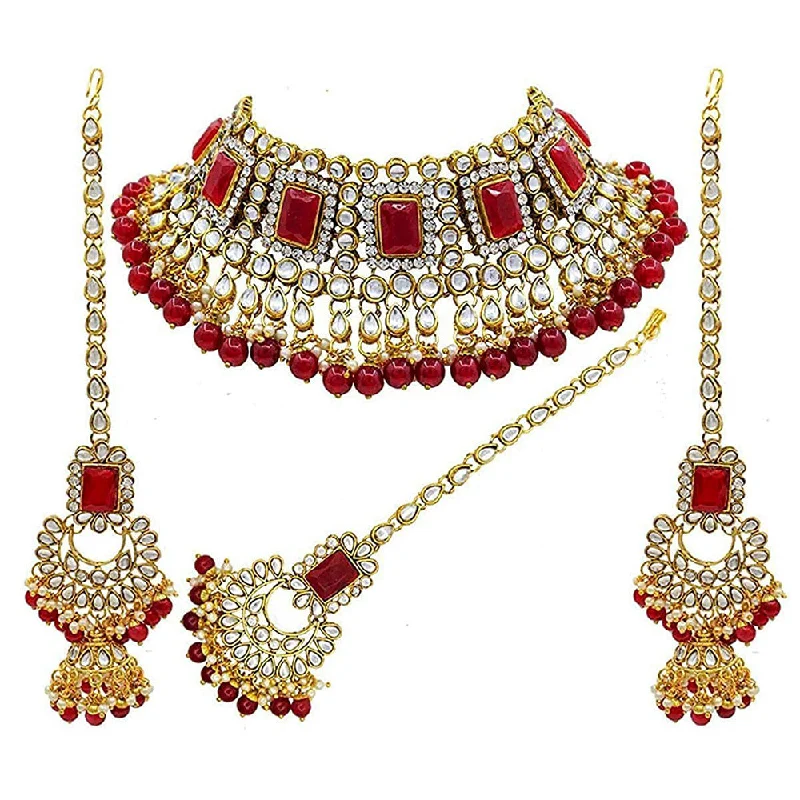 Smooth drop necklaces-Etnico 18K Gold Plated Traditional Handcrafted Faux Kundan & Pearl Studded Bridal Choker Necklace Jewellery Set with Earrings & Maang Tikka (IJ401M)