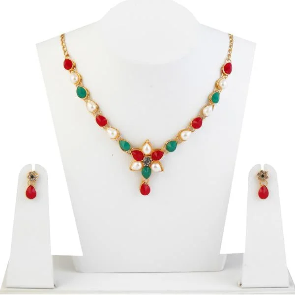 Bright stone necklaces-Kriaa Pota Stone Pearl Floral Gold Plated Necklace Set