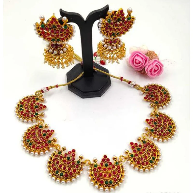 Retro charm necklaces-India Art Gold Plated Pota Stone & Pearl  Choker Necklace Set