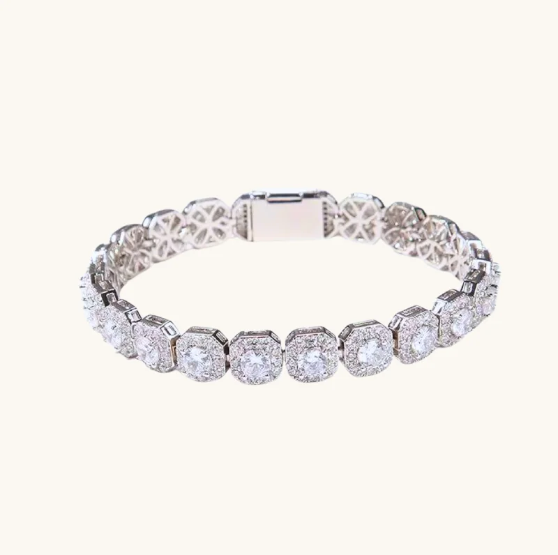 Thin filigree bangles-Silver Square Halo Diamond Bracelet