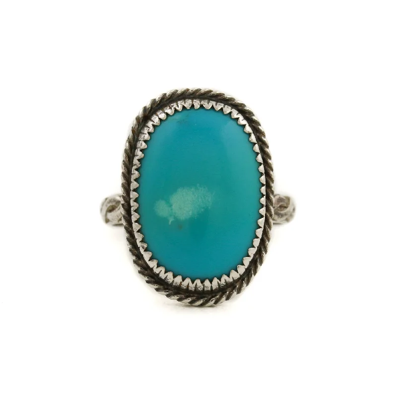 Oval gem rings-Oval 1970's Rope-Banded x Blue Ridge Turquoise Navajo Ring