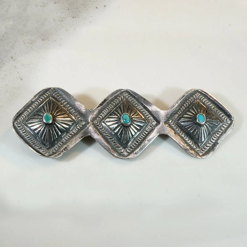 Thai style brooch-Three Conchos Coin Silver & Turquoise Brooch