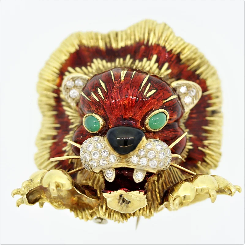 Stone cluster brooch-Italian Frascarolo Diamond Enamel Lion Brooch