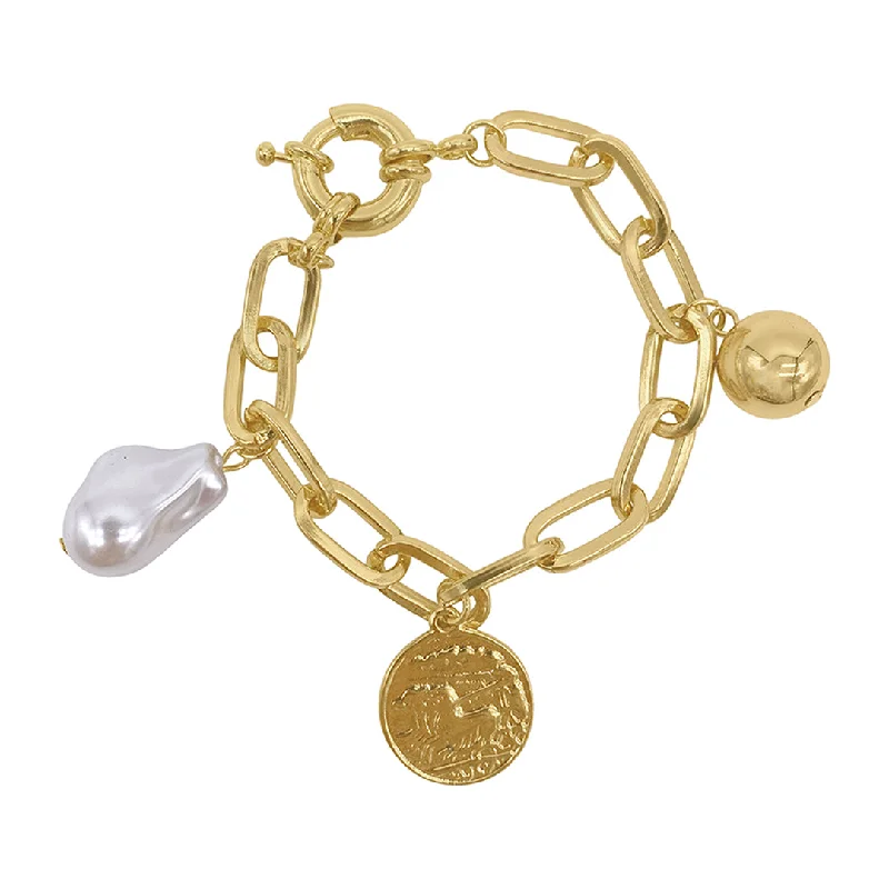 Pink gold bangles-14k Gold Plated Pearl and Charm Link Bracelet with Oversized Lock