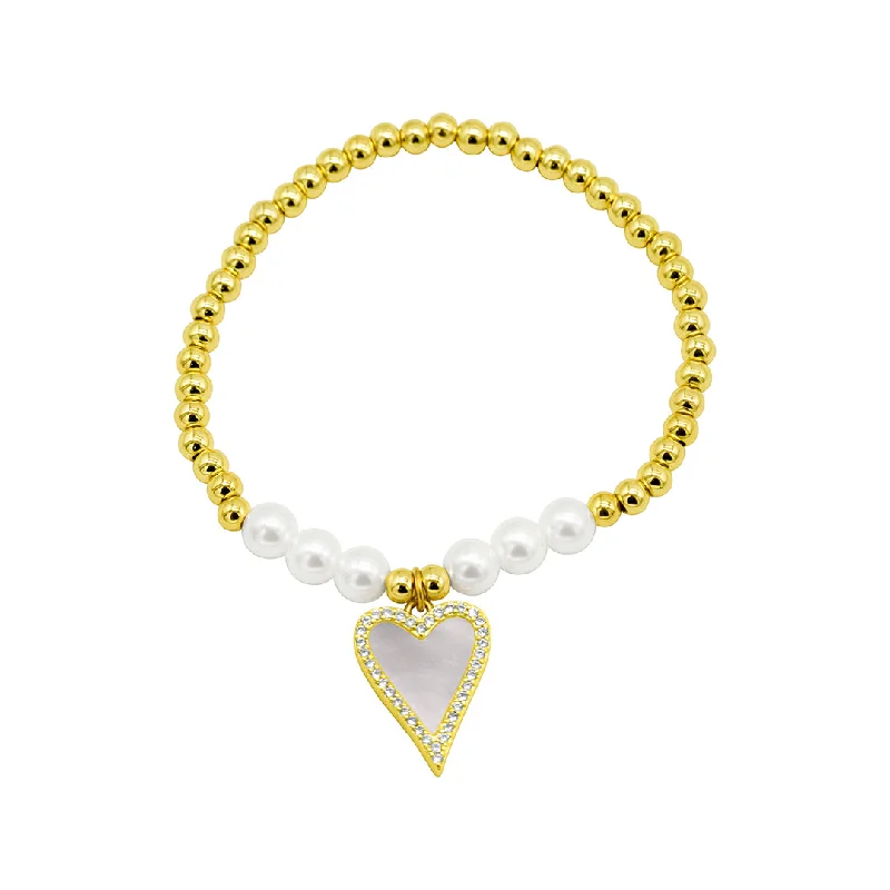 Sleek design bangles-14k Gold Plated Stretch Pearl Bracelet With Mother-of-Pearl Halo Heart