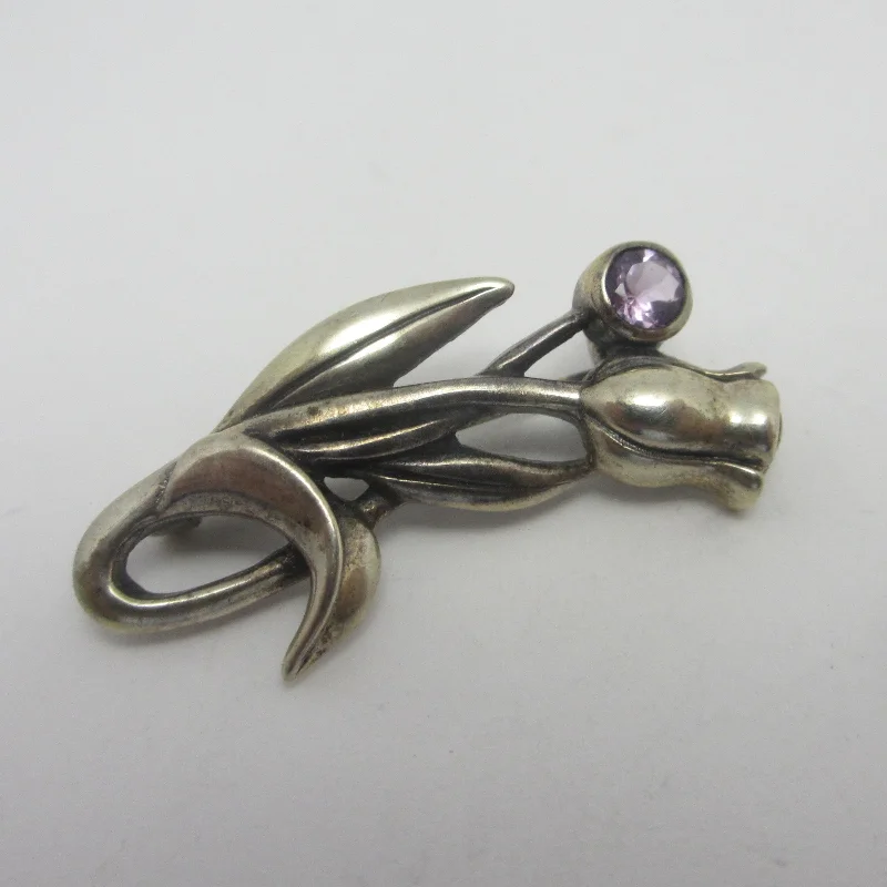 New moon brooch-Amethyst Tulip Flower Sterling Silver Brooch Pin Vintage c1980