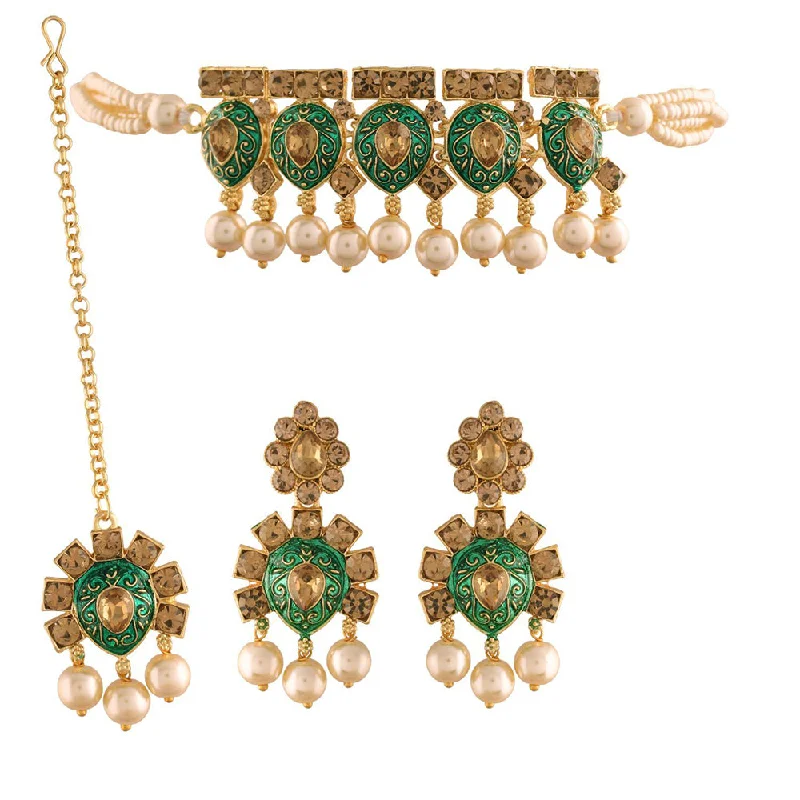 Eight-strand necklaces-Etnico 18k Gold Plated Green Meenakari Choker Set Glided With Pearls For Women/Girls (IJ346G)