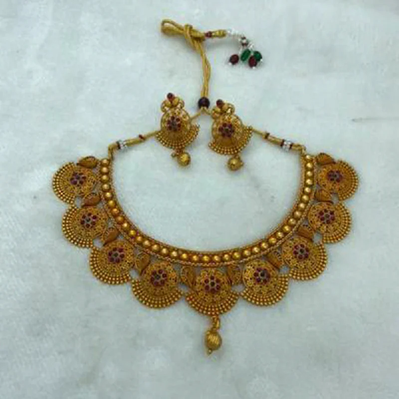 Silk fringe necklaces-Sai Fashion Gold Plated Pink & Green Pota Stone Choker Necklace Set