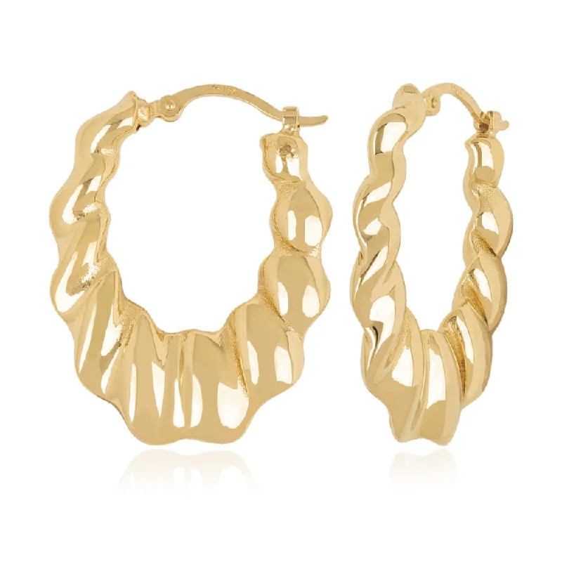 Thin bead earrings-14k Yellow Gold Medium Wavy Hoop Earrings