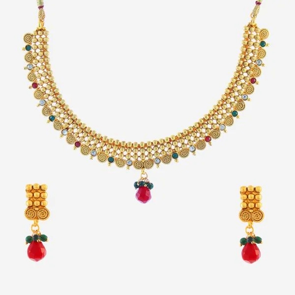 Thin bead necklaces-Utkrishtt Red Austrian Stone Gold Plated Necklace Set - 1104503