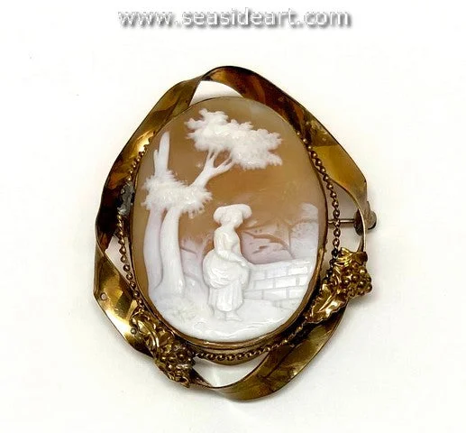 Morganite brooch-Gorgeous Vintage Lady's Shell Cameo Brooch-"Rebecca at the Well"