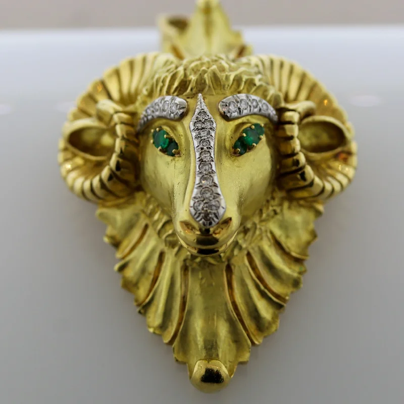 Bold druzy brooch-Hammerman Brothers Diamond Emerald Gold Rams Head Pendant-Brooch