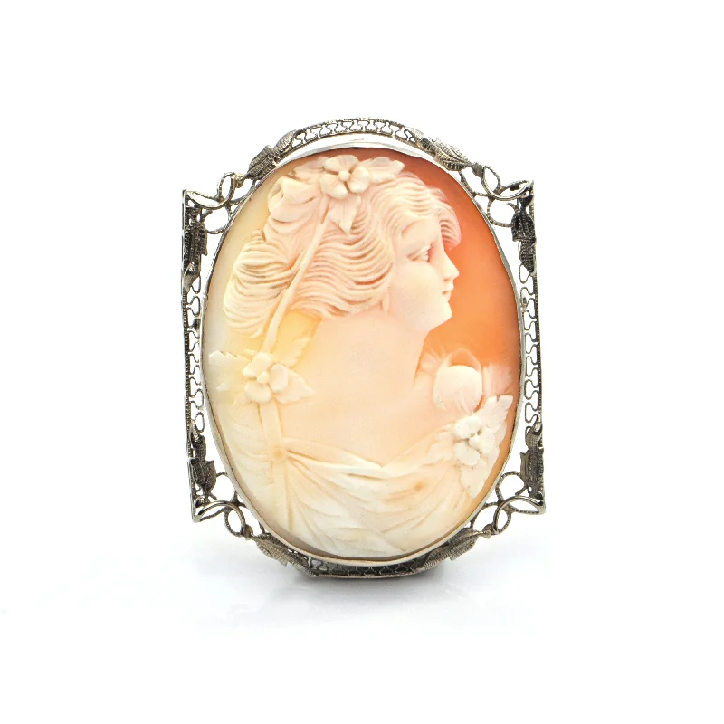 Pure eternity brooch-Vintage 14K White Gold Shell Cameo Brooch/Pendant of Woman