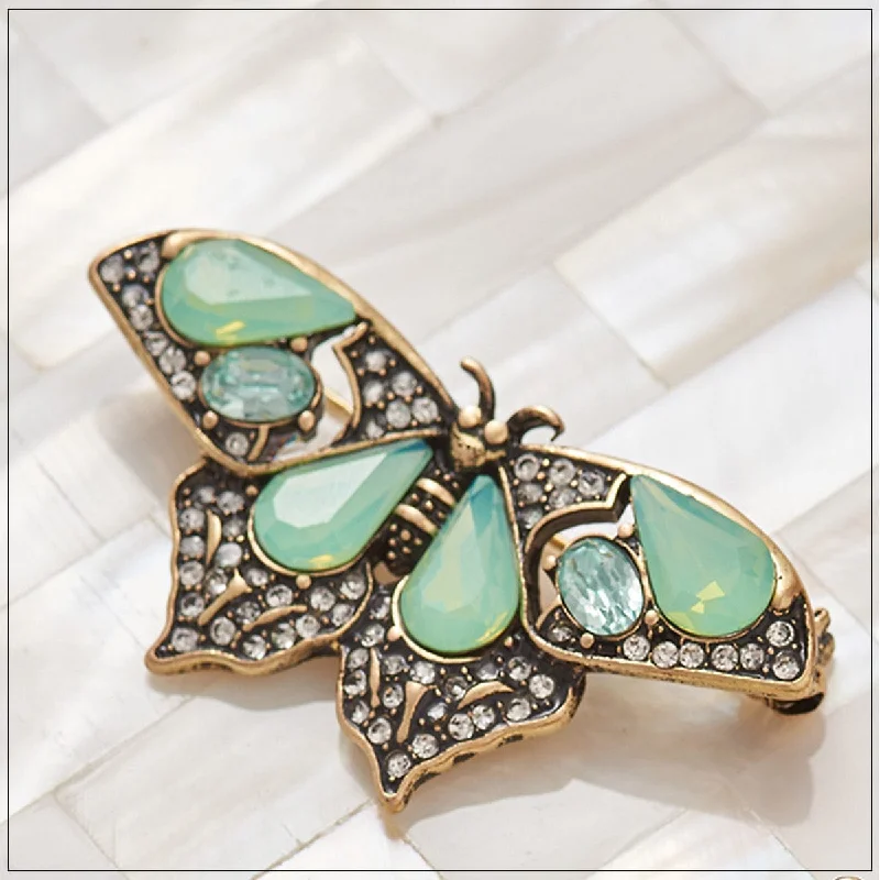 Wide bar brooch-Vintage Butterfly Brooch: Opal Green Vintage Brooch