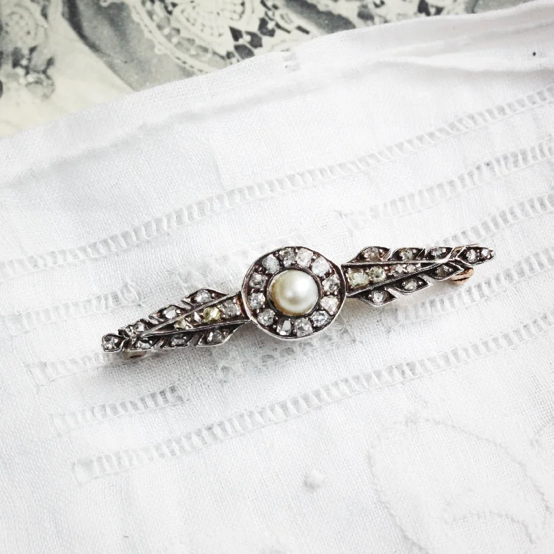 Wide geometric brooch-Blessed Antique Diamond and Natural Pearl Bar Brooch