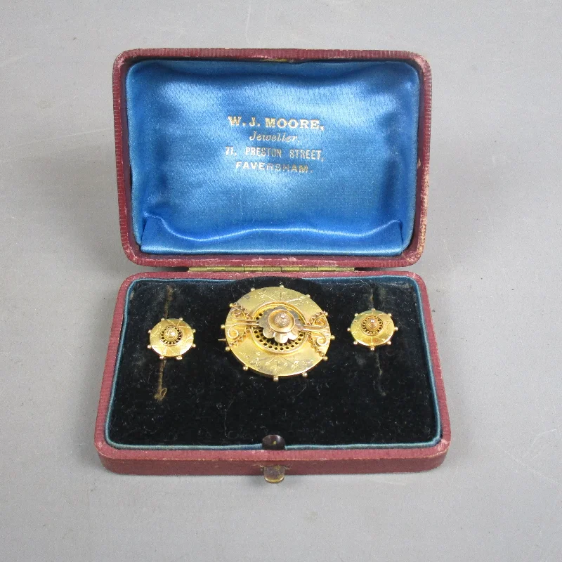 Mystic eye brooch-18ct Gold Brooch & Earring Set With Original Box Antique Victorian c1870