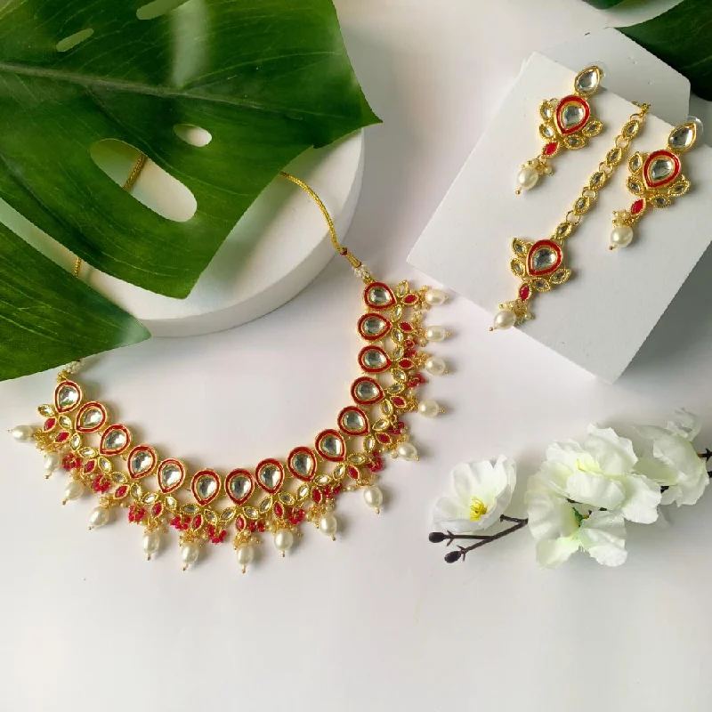 Solid link necklaces-Etnico Gold Plated Traditional Pearl Kundan Studded Floral Necklace With Earring Maang Tikka Set For Women And Girls (K7249Q)