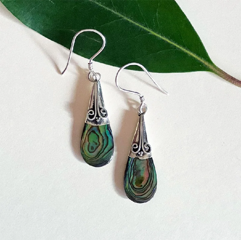 Dove feather earrings-Abalone Filigree Teardrop Earrings - Sterling Silver, Indonesia