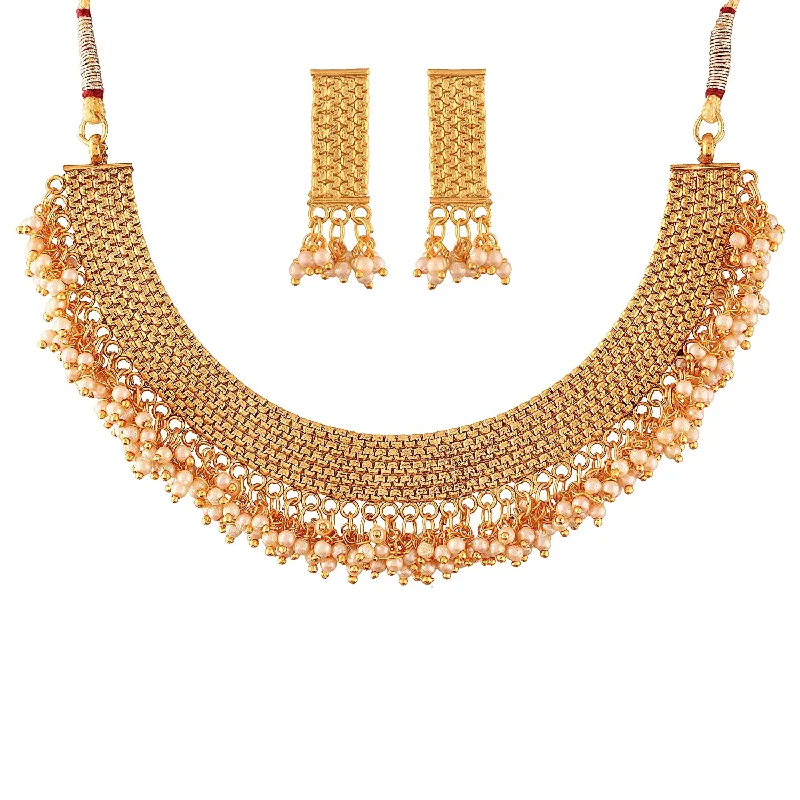 Vintage bead necklaces-Etnico 18k Gold Plated Traditional Pearl Studded Necklace Jewellery Set for Women (M4096)