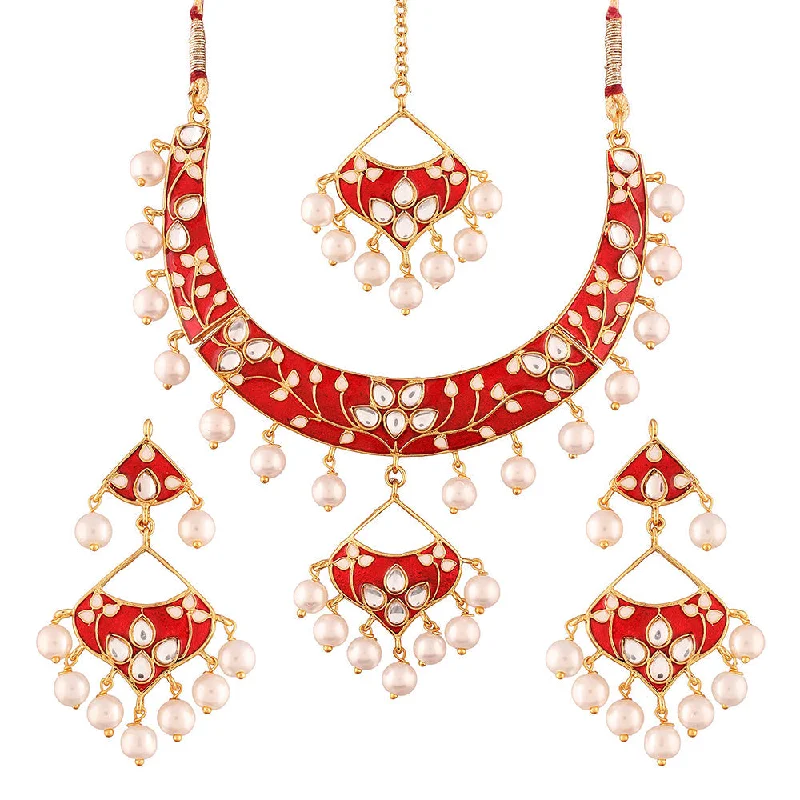 Worn bronze necklaces-Etnico Gold Plated Kundan Meenakari Necklace Jewellery Set For Women (M4084R)