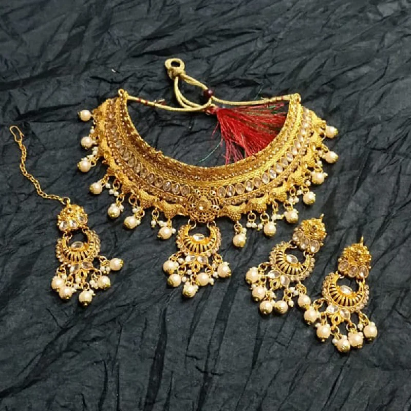 Full moon necklaces-Kumavat Jewels Gold Plated Kundan And Beads Traditional Choker Necklace Set with Maang Tikka