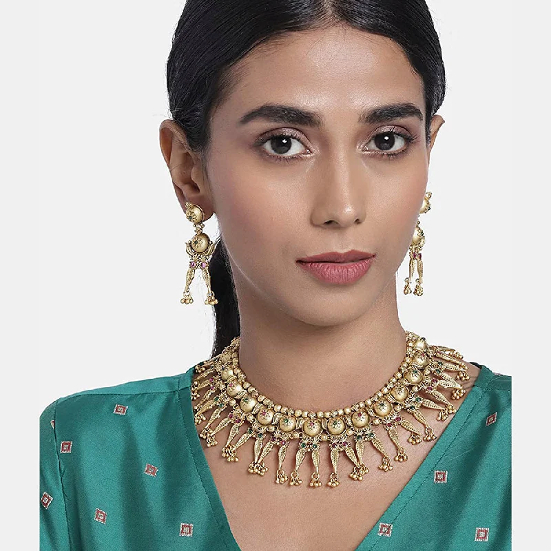 Stretch cord necklaces-Etnico 18k Rajwadi Gold Plated Traditional Choker Brass Jewellery Set With Earrings Intricately Engraved With Bride & Groom Figurines (MC051)