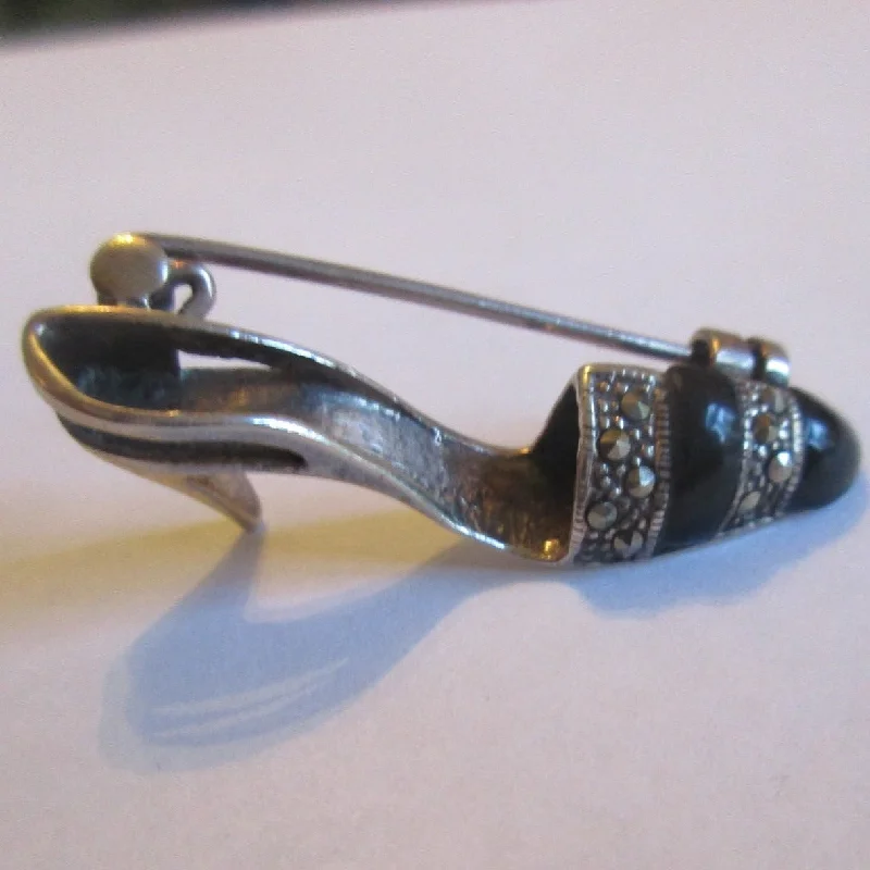 Subtle accent brooch-Sterling Silver Marcasite And Black Onyx Shoe Brooch Vintage c1980