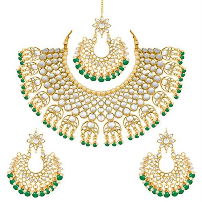 Bold druzy necklaces-Etnico 18K Gold Plated Traditional Handcrafted Faux Kundan & Pearl Studded Bridal Choker Necklace Jewellery Set with Earrings & Maang Tikka (K7077G)