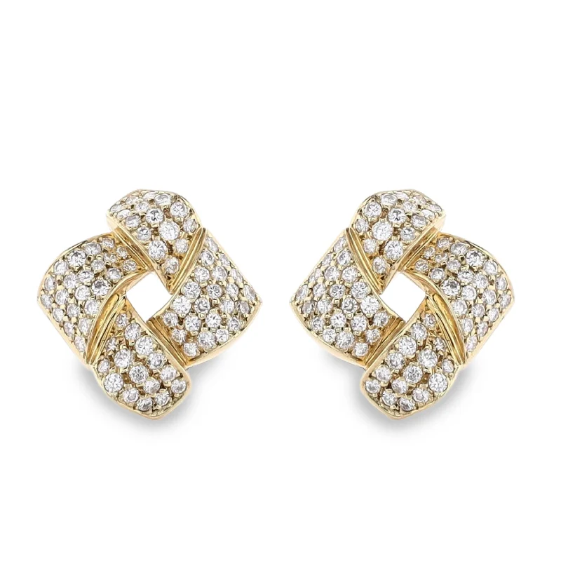 Sleek hoop earrings-Estate 18k Yellow Gold Pave Diamond Knot Clip On Earrings