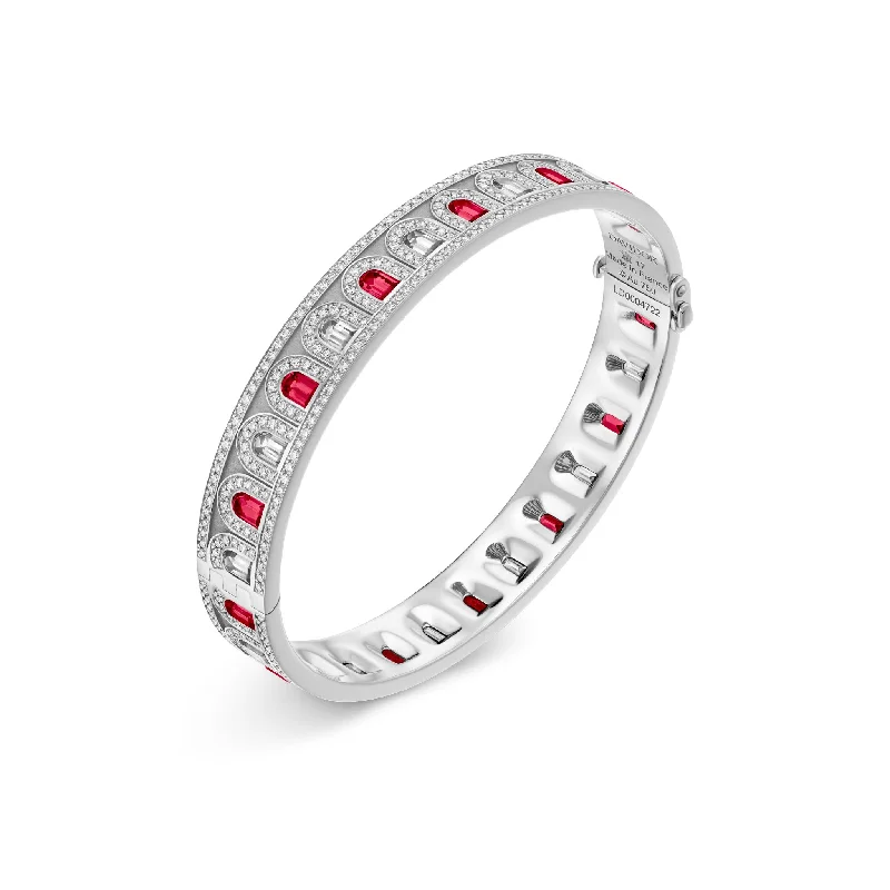 Worn charm bangles-L'Arc Deco Bangle in Platinum with DAVIDOR Arch Cut Diamonds DAVIDOR Arch Cut Rubies and Brilliant Diamonds