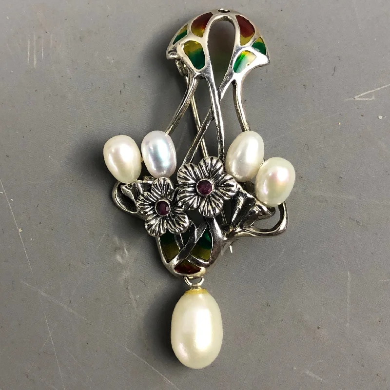 Surf motif brooch-Freshwater Pearl Flower Sterling Silver Ruby Brooch Pin Vintage English