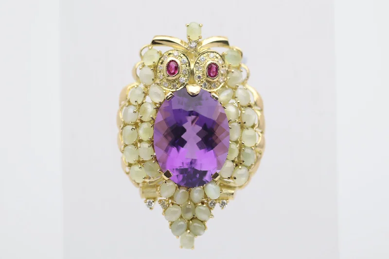 Bow design brooch-Amethyst Cats Eye Chrysoberyl Diamond Ruby Gold Owl Brooch