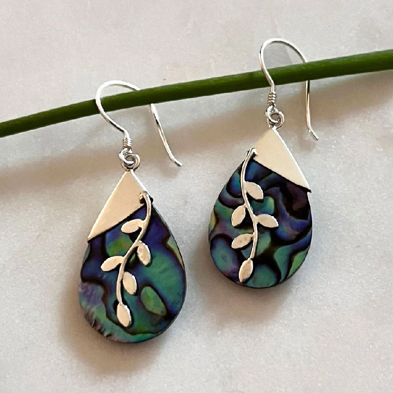 Cultured pearl earrings-Abalone Leaf Earrings - Sterling Silver, Indonesia