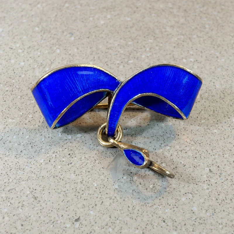 Tiered design brooch-Gallant Blue Enameled Silver Gilt Ribbon Brooch with Hook